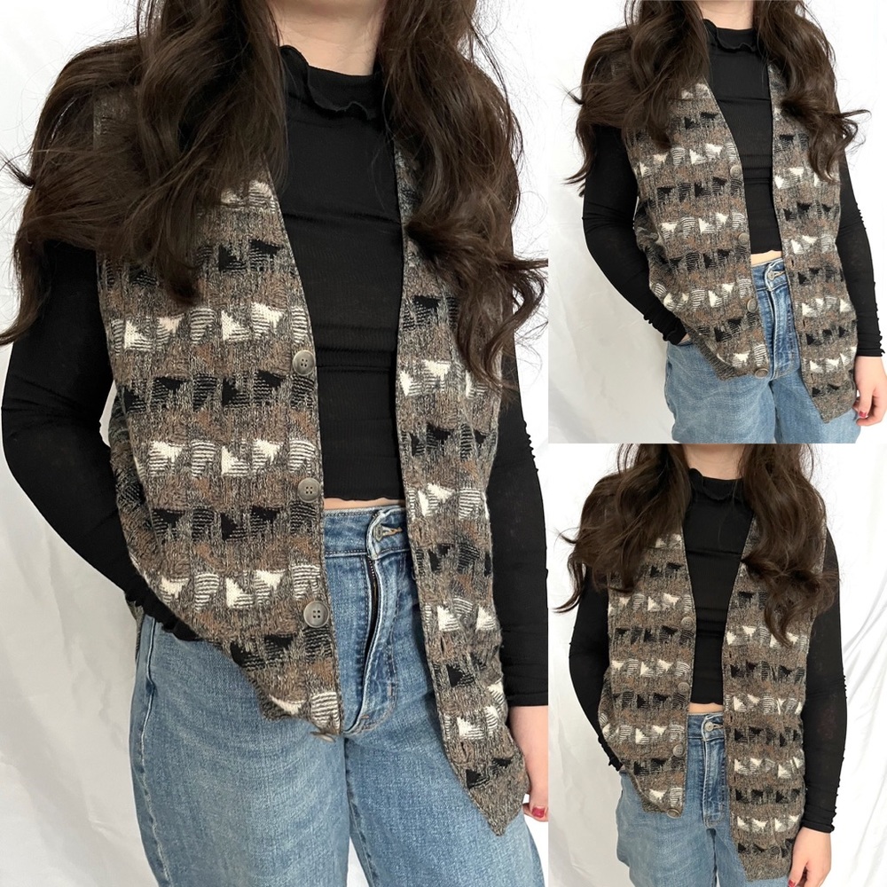 Womens Brown Geometric Knit Button-Front Vest